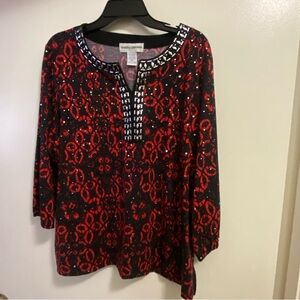 Cathy Daniels Womens Top Blouse XL 46” Red & Black Sparkle Beaded Neck Neckline